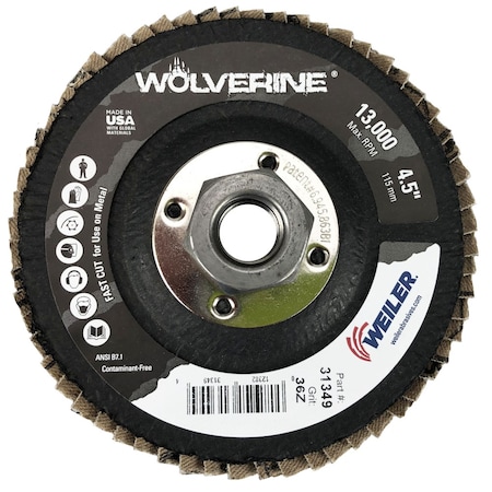Weiler 4-1/2" Abrasive Flap Disc, Conical (TY29), 36Z, 5/8"-11 UNC 31349